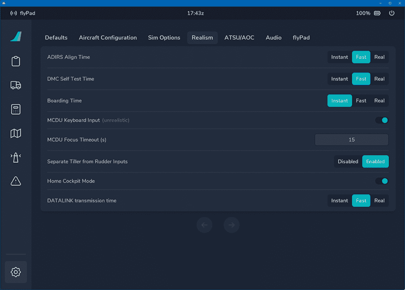 flyPad Settings Sim Options Tiller